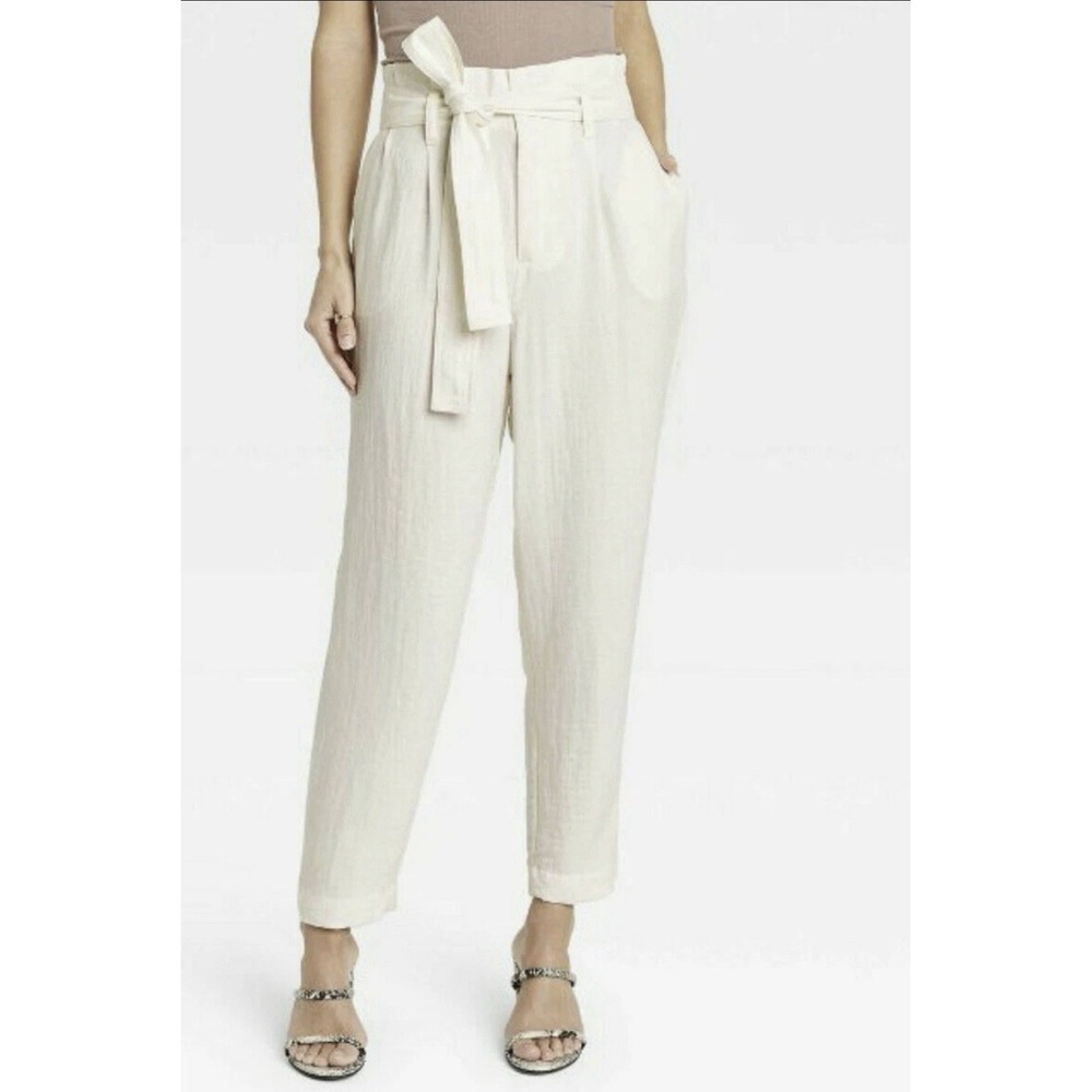 A New Day Womens Large Paperbag Pants Ivory Tie Waist Tapered Rayon Blend